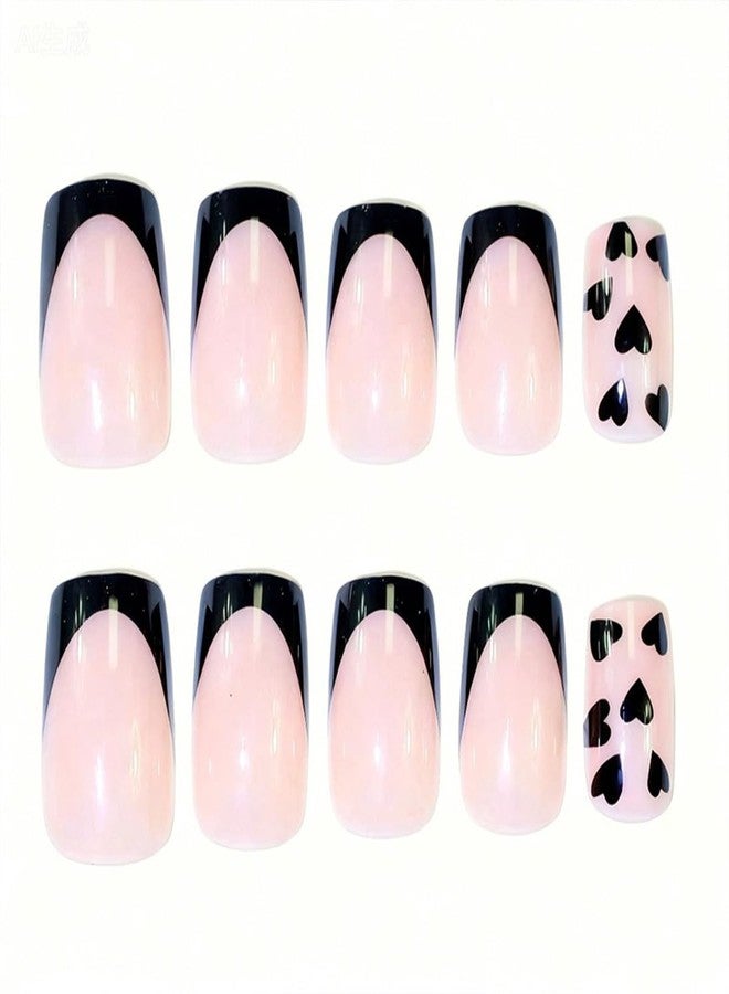 HJKDSFD 24Pcs Black French Tip Press on Nails Valentines Short Square Fake Nails Black Hearts Stick on Nail Nude Glossy Glue on Nails Cute Natural Acrylic Artificial Nail for Women Manicure - Image 4